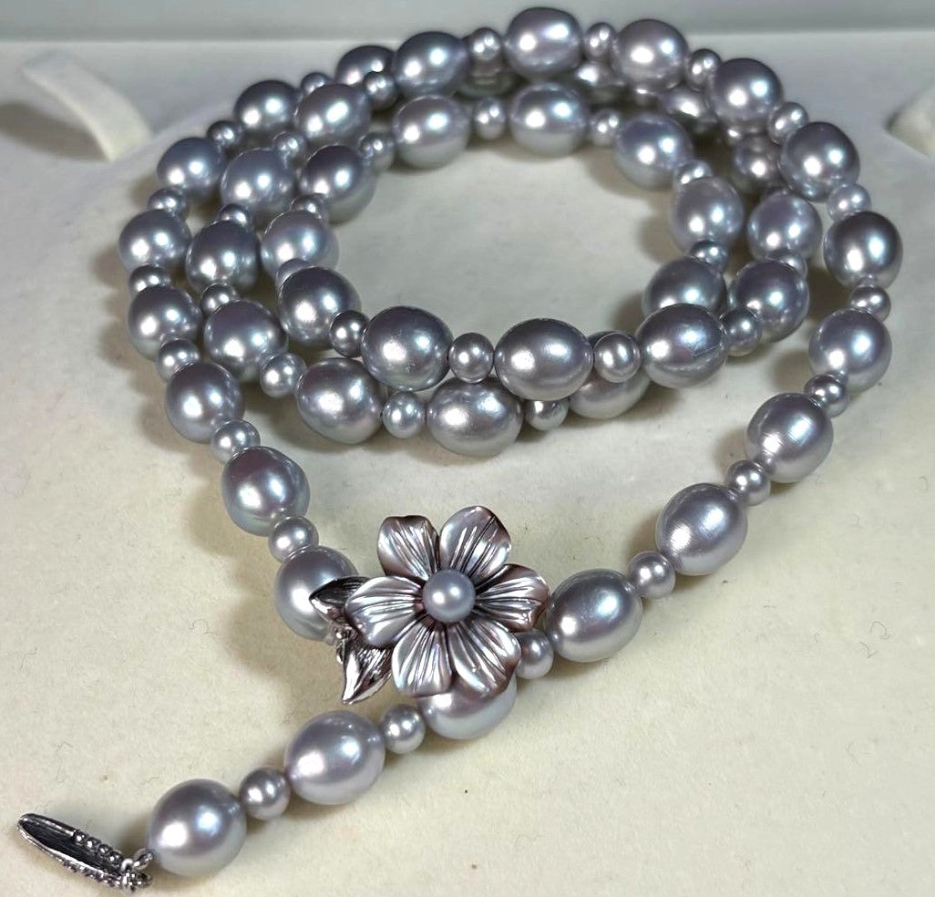 Akoya Pearl Long Necklace Blue Gray 8mm Flower Clasp Silver 25.6in Japan