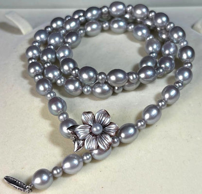 Akoya Pearl Long Necklace Blue Gray 8mm Flower Clasp Silver 25.6in Japan