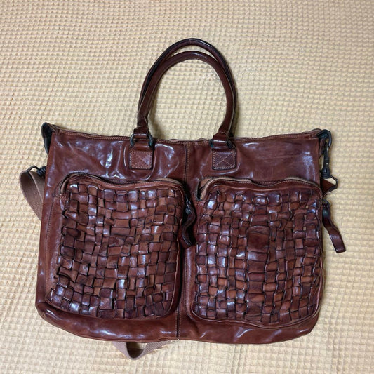 CAMPOMAGGI Woven Leather Tote Bag Brown 2way Italy Laptop Business Shoulder Bag