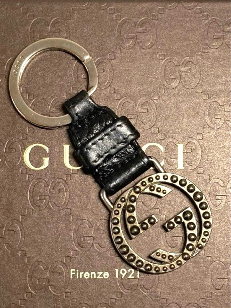 Gucci Auth Interlocking GG Logo Black Leather Keychain Key Ring Silver Used