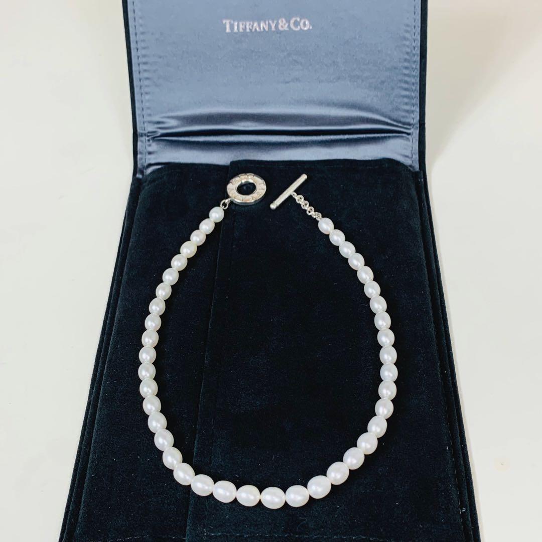 Excellent Tiffany & Co Oval Freshwater pearl Silver 925 Toggle Necklace W/Case