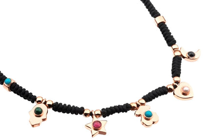 TOUS Super Power Charm Necklace Black Cord Rose Vermeil Silver Gemstone Spain