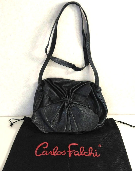Carlos Falchi Shoulder Bag Buffalo Leather Drawstring Vintage USA 12.2x9.8in