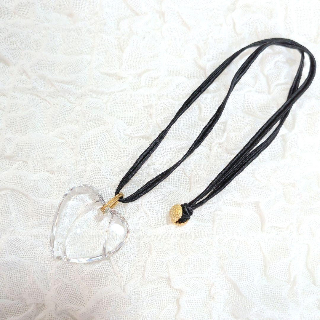 Baccarat Crystal Heart Pendant Necklace Clear Motif Gold Tone Black Cord Ladies