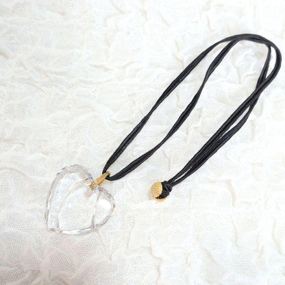 Baccarat Crystal Heart Pendant Necklace Clear Motif Gold Tone Black Cord Ladies