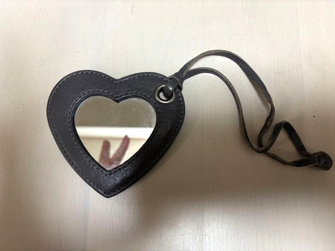 BALENCIAGA Heart Leather Bag Charm Mirror Keychain Gray Pendant Accessory Used