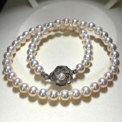 Akoya Pearl Necklace White 7.0mm Silver Flower Clasp 39cm 15.4in Japan