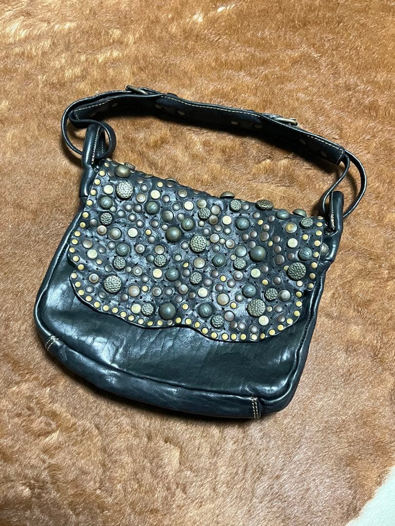 CAMPOMAGGI Studded Leather Shoulder Bag Charcoal Gray Italy Thick Vintage Boho
