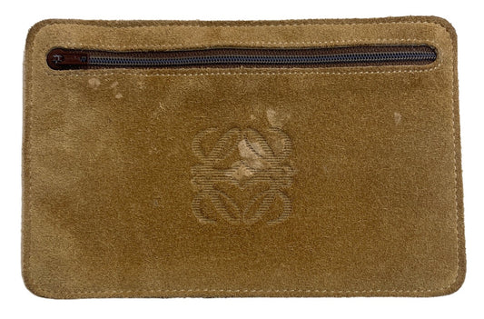 LOEWE Anagram Embossed Suede Pouch Brown Zip Case Spain 7.1x4.5in Authentic