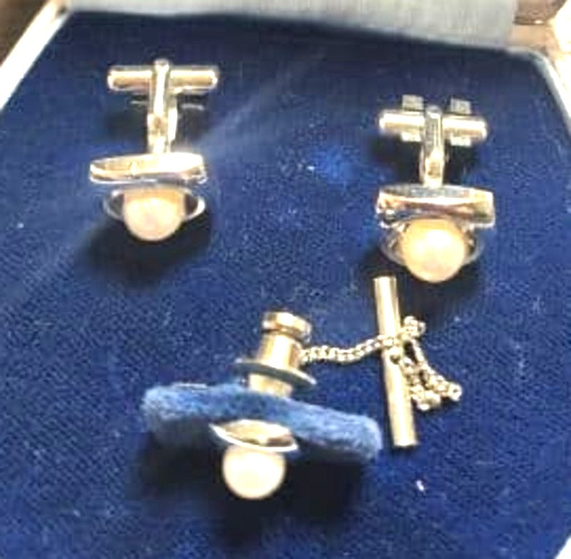 Mikimoto Pearl Silver Cufflinks Tie Tack Pin Set Mitsukoshi Box Vintage Japan