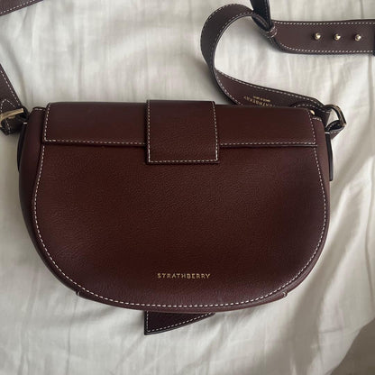 Strathberry Crescent Shoulder Bag Burgundy Leather Gold Hardware Crossbody Spain