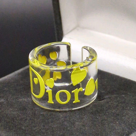 Christian Dior Clear Resin Yellow Logo Heart Finger Ring Size 52 US 6