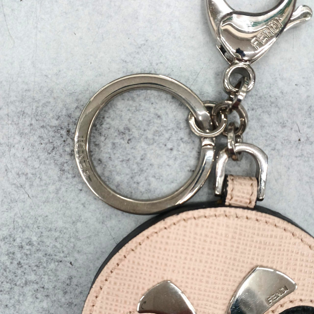 FENDI Monster Eyes Bag Charm Keyring Pink Saffiano Leather Silver HW Italy