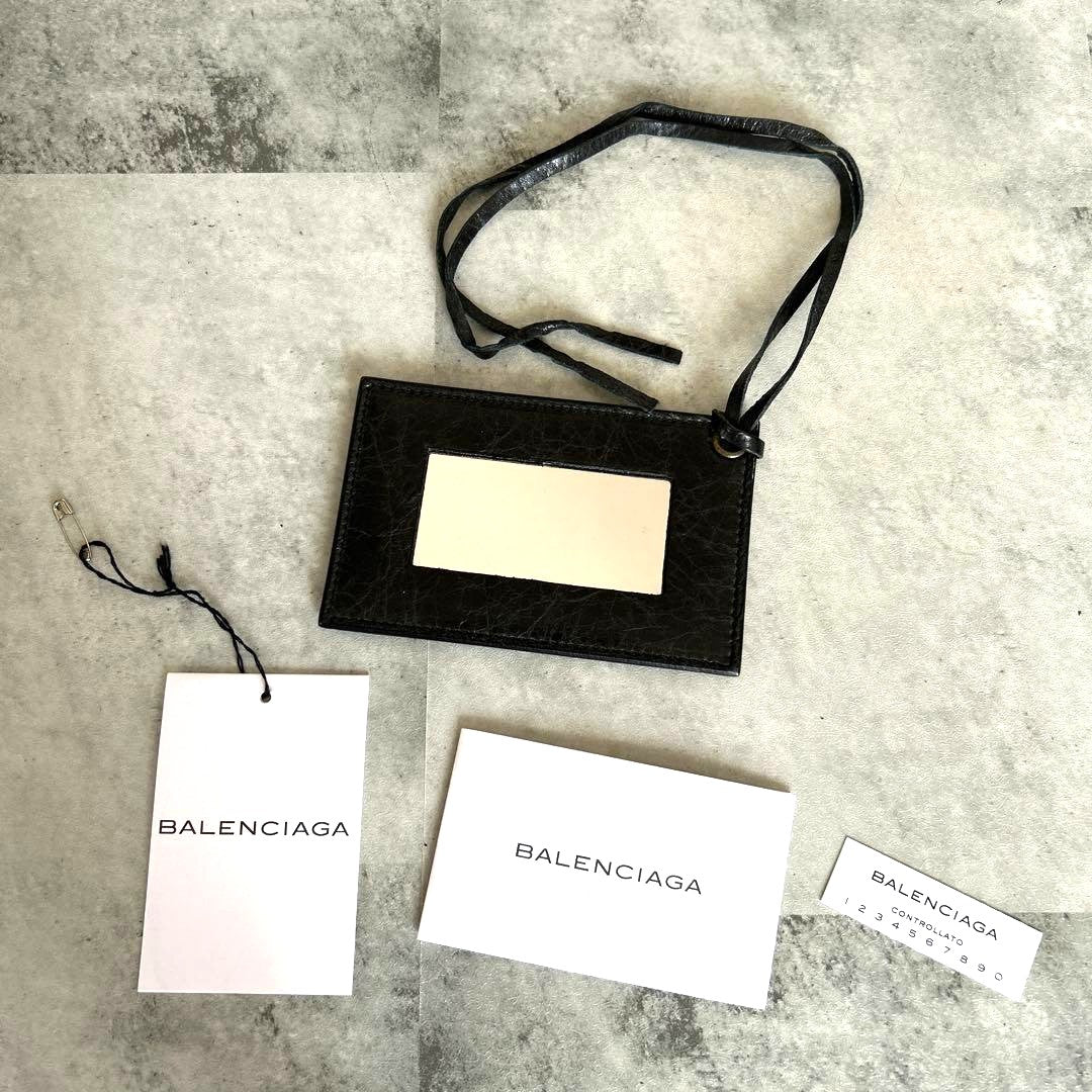 BALENCIAGA Black Leather Mirror Card Case ID Holder Neck Strap Lanyard Authentic