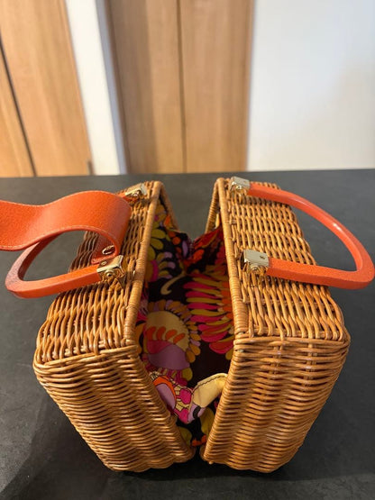 Kate Spade Wicker Basket Bag Rattan Box Orange Leather Handle Turn Lock Straw