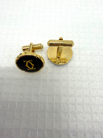 Cartier Cufflinks Tie Pin 3pc Set Gold Black Enamel 2C Logo Mens Case Vintage