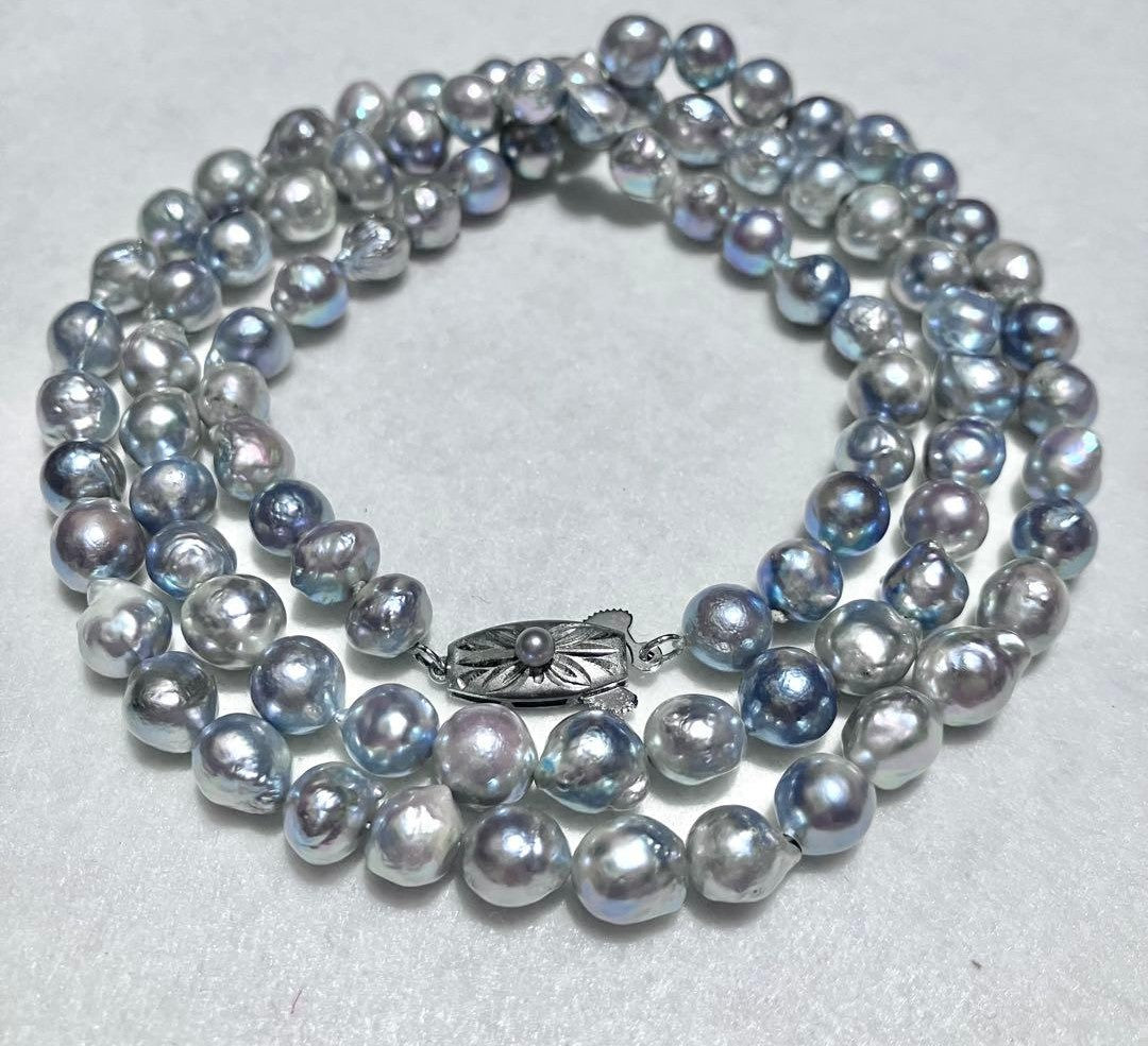 Takashimaya Akoya Pearl Necklace Baroque Blue Gray Semi Long 53cm Silver Clasp