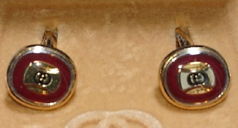GUCCI Vintage Old Gucci GG Logo Cufflinks Red Enamel Gold Tone Authentic Italy