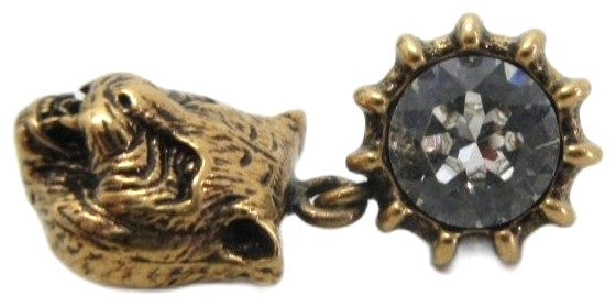 GUCCI Tiger Cat Head Drop Earrings Gold Tone Rhinestone Crystal Bijou Used