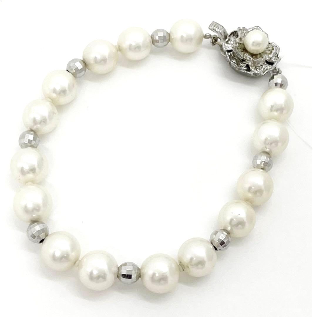 Akoya Pearl Silver Bracelet White 8.6-8.8mm Diamond-Cut Beads Elegant Japan