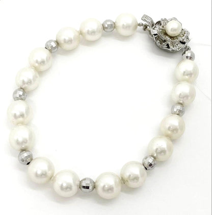 Akoya Pearl Silver Bracelet White 8.6-8.8mm Diamond-Cut Beads Elegant Japan