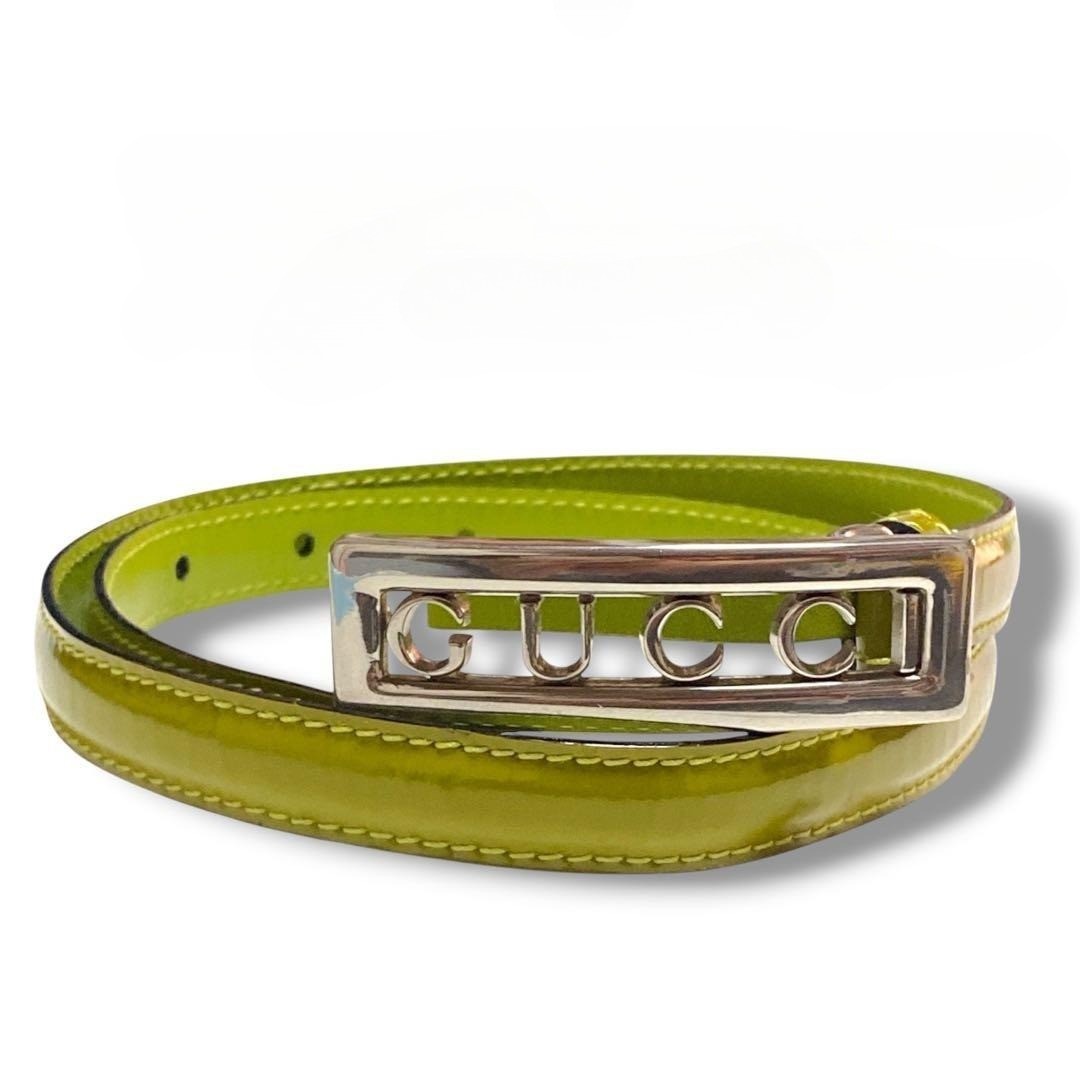 Gucci Silver Tone Logo Buckle Green-toned olive Patent Leather Narrow Belt