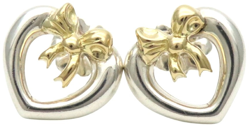 Tiffany & Co Heart Ribbon Earrings Silver 925 18K Gold Combo Studs 11mm Auth