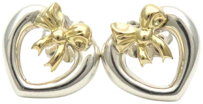 Tiffany & Co Heart Ribbon Earrings Silver 925 18K Gold Combo Studs 11mm Auth