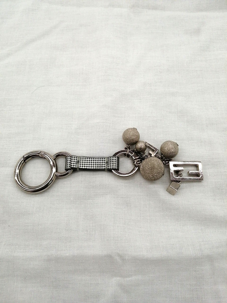 FENDI Logo Bag Charm Key Ring Keychain Silver Tone Metal Ball Chain Made Italy