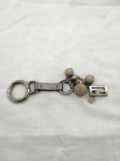 FENDI Logo Bag Charm Key Ring Keychain Silver Tone Metal Ball Chain Made Italy