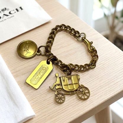 COACH Horse & Carriage Bag Charm Keychain Gold Tone Brass Chain Bracelet Style
