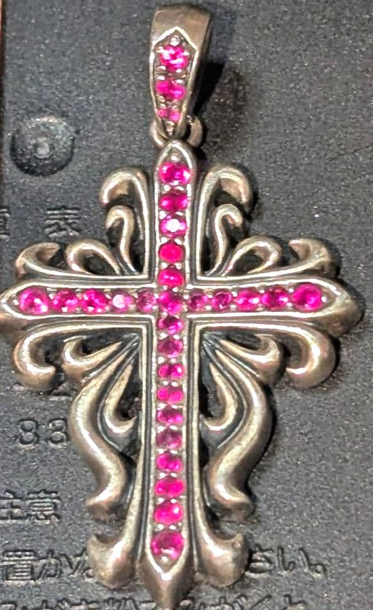 A&G Ruby Cross Pendant Top Silver Gothic Fleur Vintage Pink Stones Rare Japan