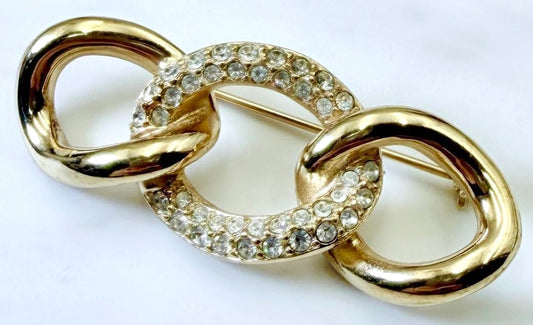 Christian Dior Vintage Brooch Gold Tone Chain Link Rhinestone Pin Signed Jewelry