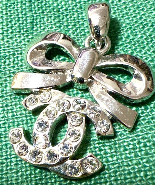 CHANEL Vintage CC Logo Bow Pendant Top Silver Rhinestone Charm Authentic Used