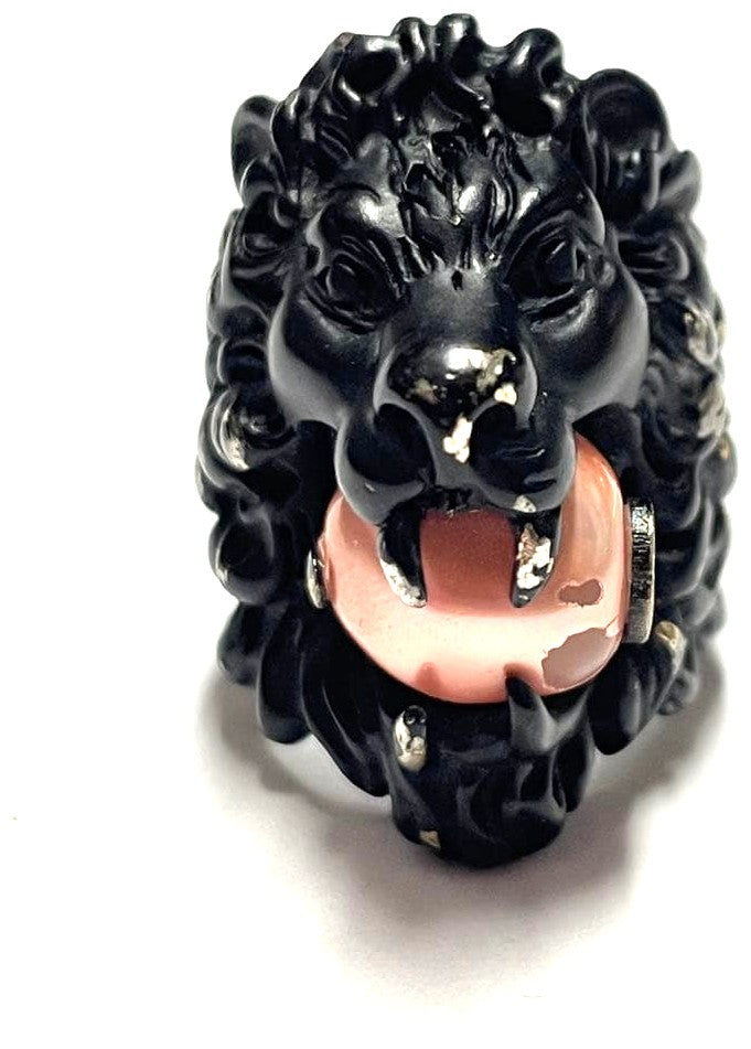 GUCCI Lion Head Ring Black Enamel Pink Stone Silver HW US6-6.5 EUR51-52 AUTH