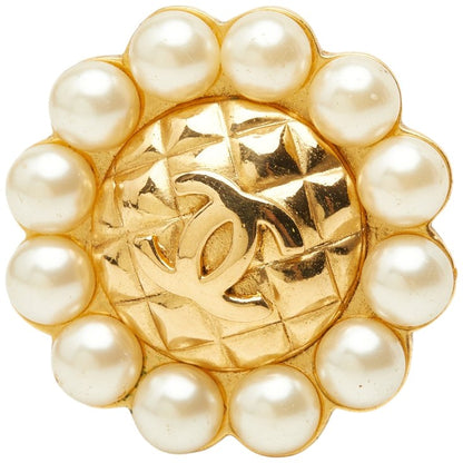 CHANEL CC Logo Matelasse Faux Pearl Clip-On Earring Gold Tone Vintage 42mm Used