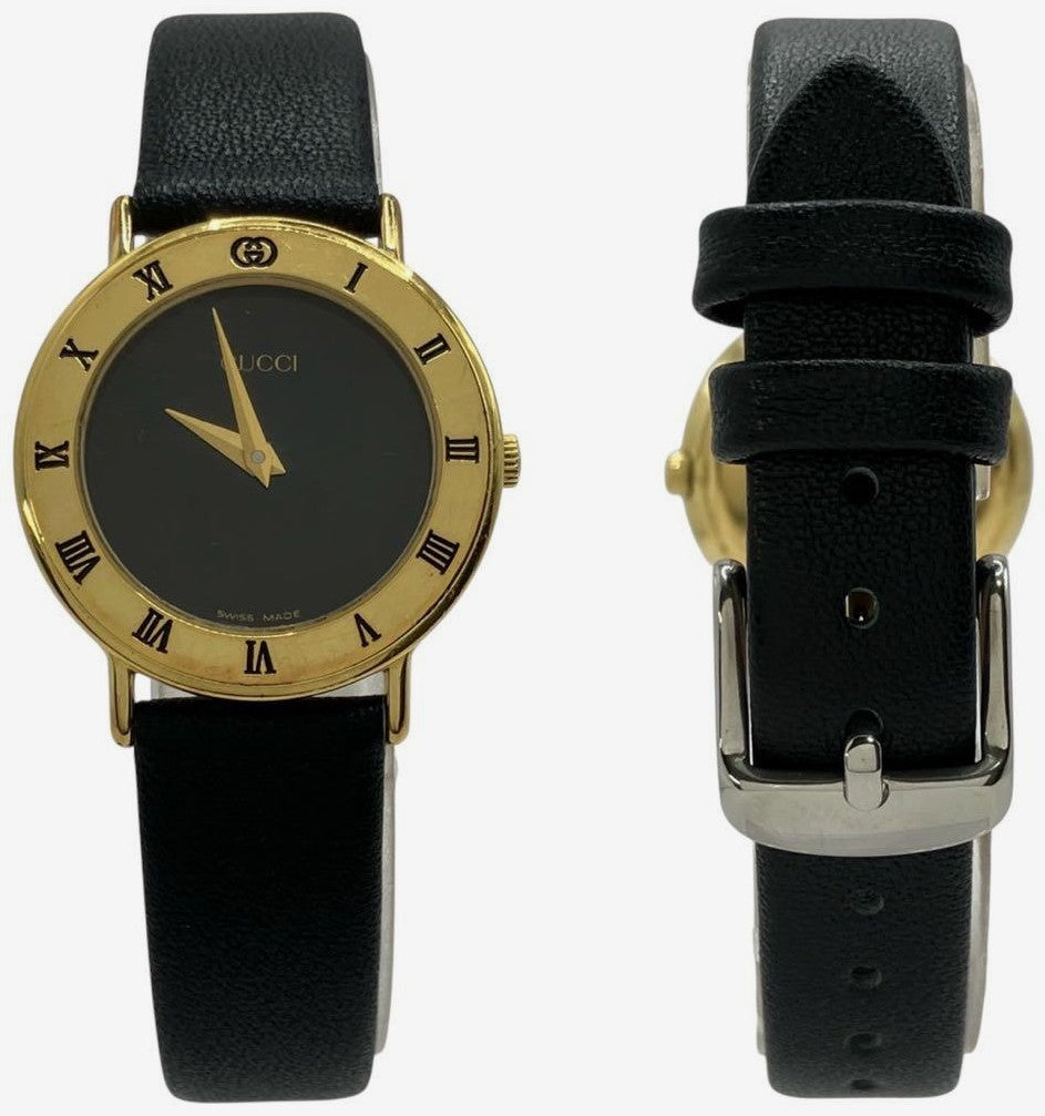 Gucci 3000.2.L Round Watch Black Dial Gold Tone Leather Band Quartz Swiss Made