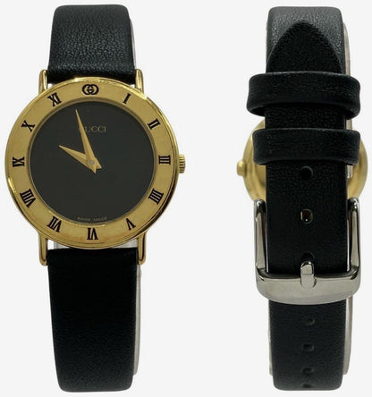 Gucci 3000.2.L Round Watch Black Dial Gold Tone Leather Band Quartz Swiss Made