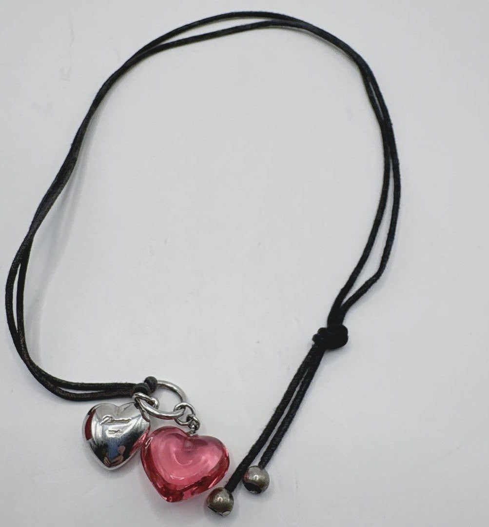 Baccarat Double Heart Choker Necklace Pink Crystal Silver 925 Black Cord w/Box