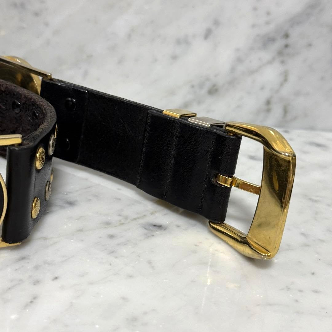 Gianni Versace Medusa Stud Black Leather Belt Gold Silver HW 120cm 47.2in Auth