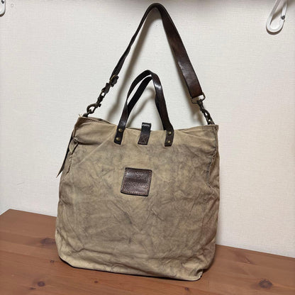 CAMPOMAGGI Canvas Leather Tote Bag Beige Studded Italy 2way Shoulder Vintage