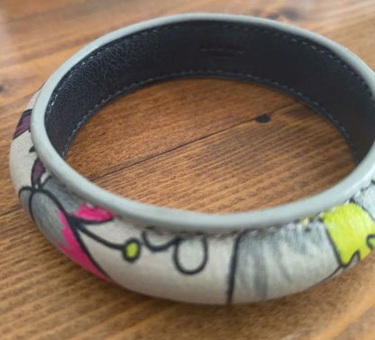 Loewe Floral Botanical Print Leather Bangle Bracelet Multicolor Gray Trim