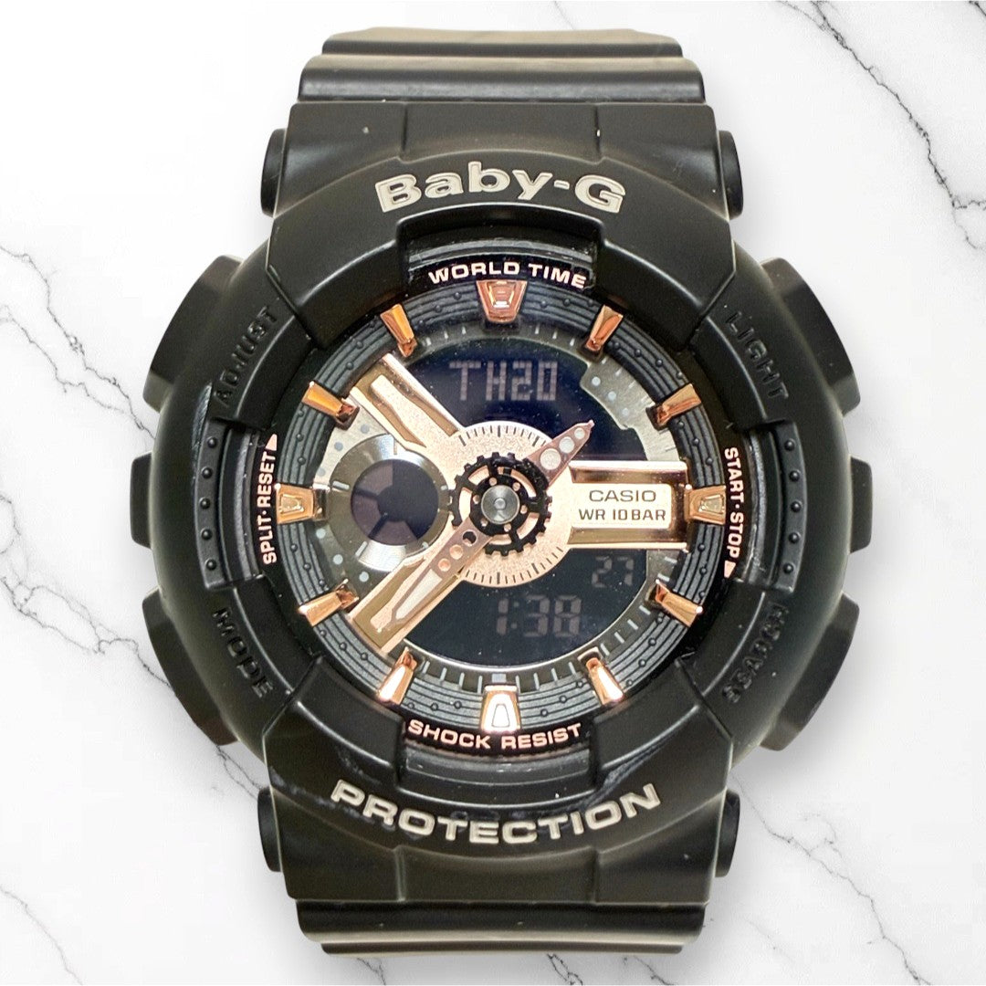 CASIO Baby-G BA-110RG Analog Digital Watch Black Rose Gold 43mm Rubber Strap