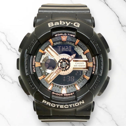 CASIO Baby-G BA-110RG Analog Digital Watch Black Rose Gold 43mm Rubber Strap