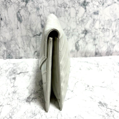 Yves Saint Laurent Clutch Bag Second Bag White Leather Chevron 9.6x6.7in