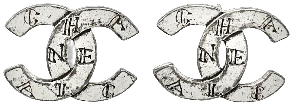 CHANEL 99A CC Logo Alphabet Silver Tone Stud Earrings Vintage Authentic