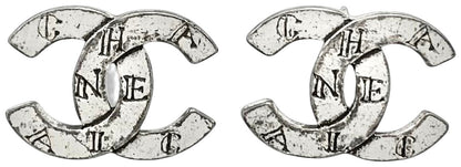 CHANEL 99A CC Logo Alphabet Silver Tone Stud Earrings Vintage Authentic