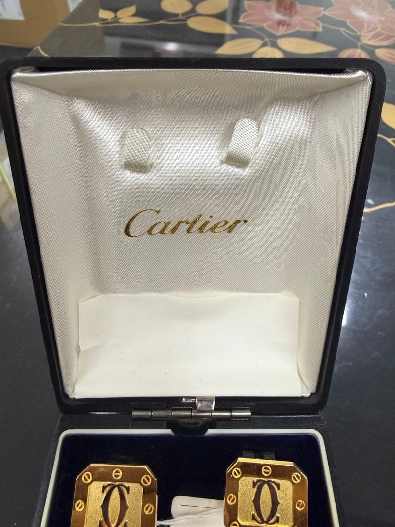 Cartier C de Cartier Cufflinks Set Gold Tone Square Logo France Vintage