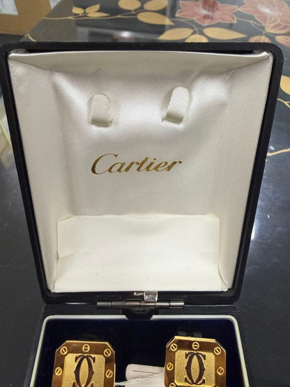 Cartier C de Cartier Cufflinks Set Gold Tone Square Logo France Vintage