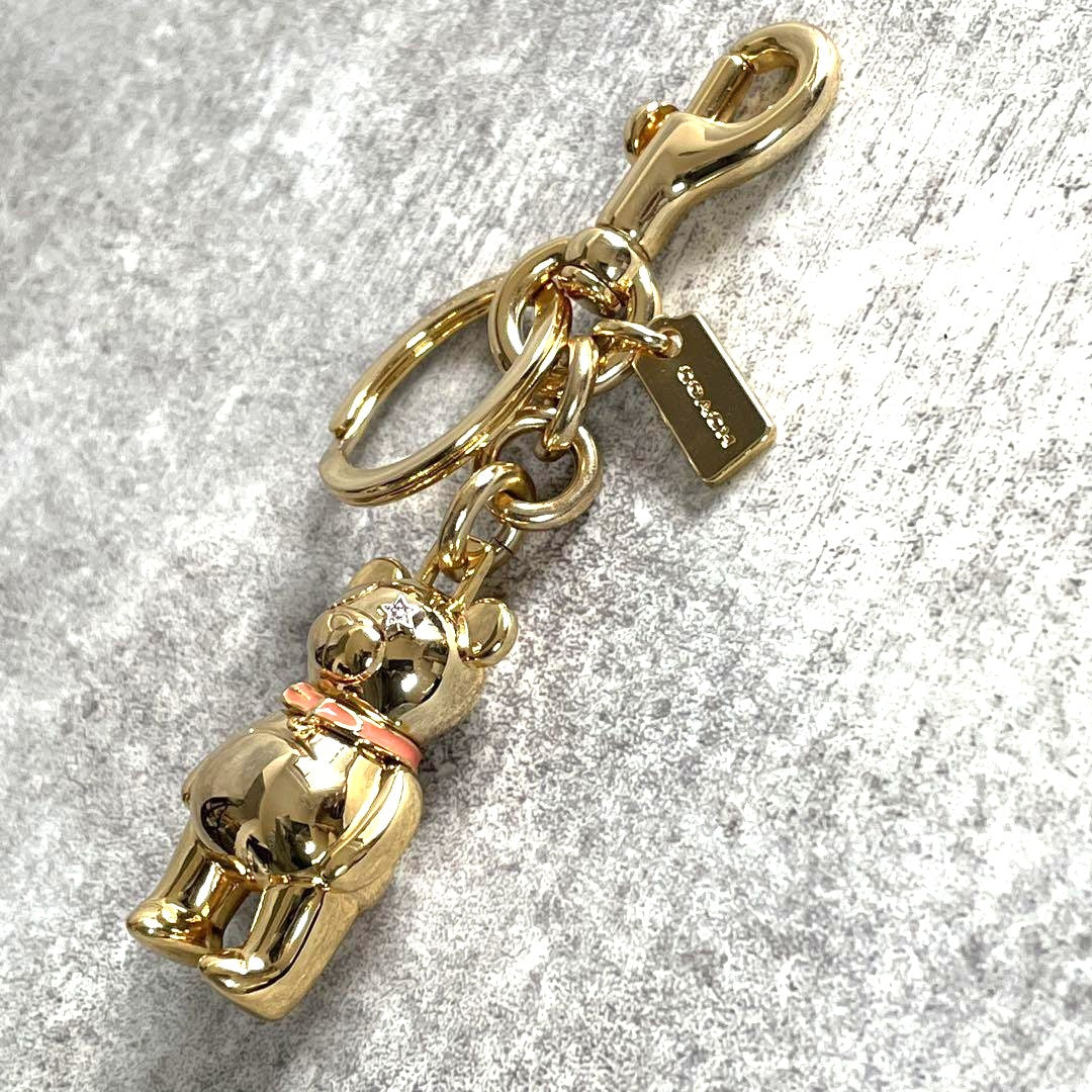 COACH 3D Teddy Bear Bag Charm Key Ring Gold Metal Pink Enamel 2.4in Authentic